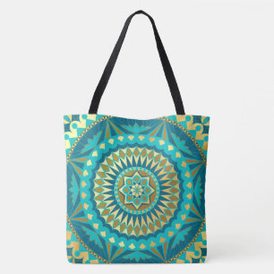 Blue Gold Fantasy Mandala Tote Bag