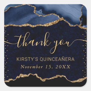 Blue & Gold Faux Glitter Agate Marble Quinceanera Square Sticker