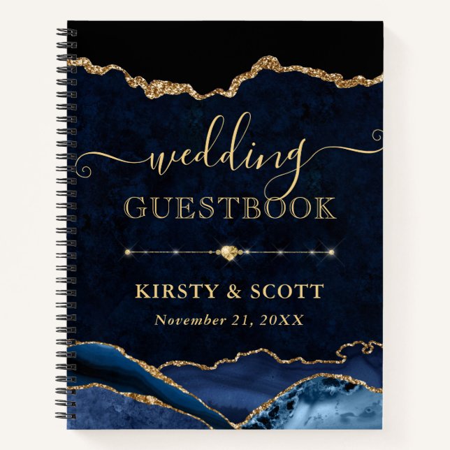 Blue & Gold Faux Glitter Agate Wedding Guest Book (Front)