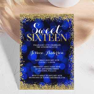 Blue Gold Faux Glitter Lights Sweet 16 Birthday Invitation