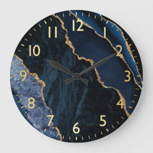 Blue & Gold Faux Glitter Marble Agate Large Clock