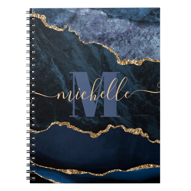 Blue & Gold Faux Glitter Marble Agate Notebook (Front)