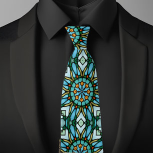 Blue Gold Faux Stained Glass Kaleidoscope Necktie