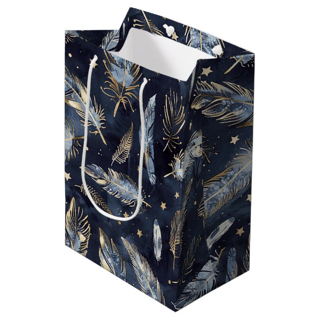 Blue Gold Feathers Stars Birthday Medium Gift Bag (Front Angled)
