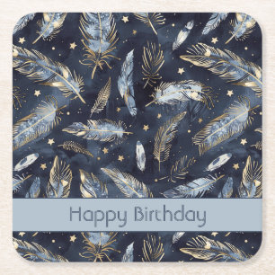 Blue Gold Feathers Stars Birthday Square Paper Coaster