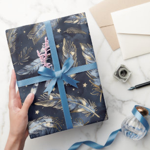 Blue Gold Feathers Stars Bridal Shower Wrapping Paper
