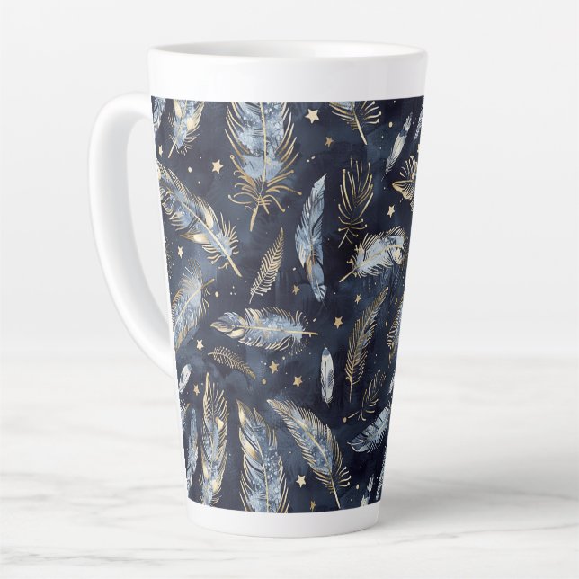 Blue Gold Feathers Stars Latte Mug (Left Angle)