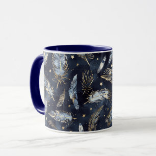 Blue Gold Feathers Stars Mug