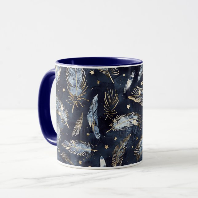 Blue Gold Feathers Stars Mug (Front Left)