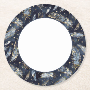 Blue Gold Feathers Stars White Birthday Round Paper Coaster