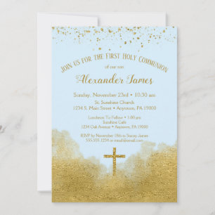 Blue Gold First Holy Communion Invitation Boy