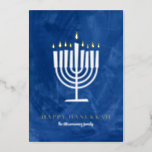 Blue Gold Flame Menorah<br><div class="desc">A geometrically modern styled menorah with real shiny foil flames and greeting plus your family photo on the back makes this custom Hanukkah card an easy choice this holiday season.</div>