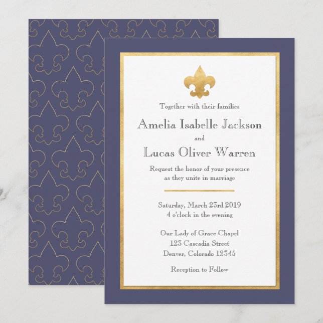 Blue & Gold Fleur De Lis Wedding Invitation (Front/Back)
