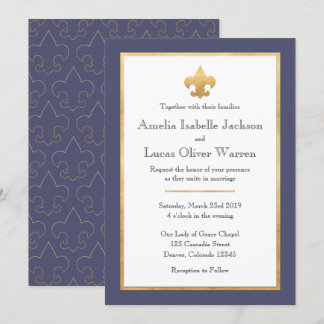 Blue & Gold Fleur De Lis Wedding Invitation