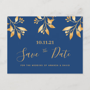 Blue gold floral botanical wedding Save the Date Postcard
