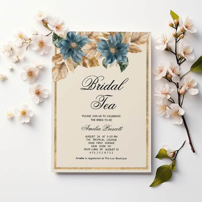 Blue gold floral bridal tea party Bridal Shower Invitation (Blue gold floral bridal tea party Bridal Shower)