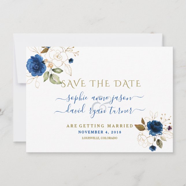 Blue Gold Floral Calligraphy Wedding Save The Date (Front)