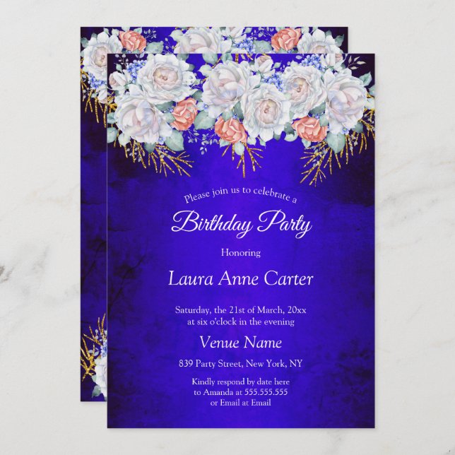 Blue Gold Floral Coral Birthday Party Invitation (Front/Back)