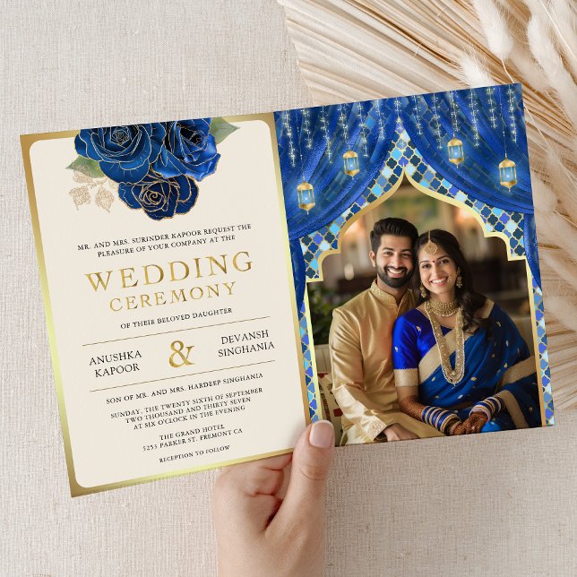 Blue Gold Floral Curtain Indian Hindu Wedding Invitation (Creator Uploaded)