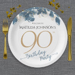 Blue Gold Floral Custom 90th Birthday Party  Paper Plate<br><div class="desc">Blue Gold Floral Custom 90th Birthday Party Paper Plates. Indulge in the epitome of sophistication with our Blue Floral Birthday Theme, where elegance meets charm in every detail. Delicate blue florals dance gracefully against a backdrop of timeless sophistication, accentuated by shimmering gold text that adds a touch of luxury to...</div>