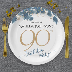 Blue Gold Floral Custom 90th Birthday Party  Paper Plate