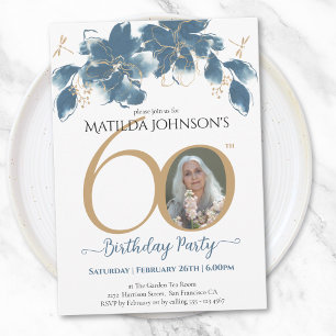 Blue Gold Floral Custom Photo 60th Birthday Party Invitation