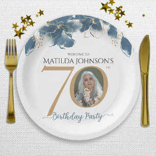Blue Gold Floral Custom Photo 70th Birthday Party Paper Plate