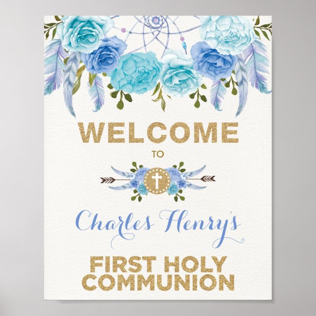 Blue Gold Floral Dreamcatcher Communion Welcome Poster (Front)