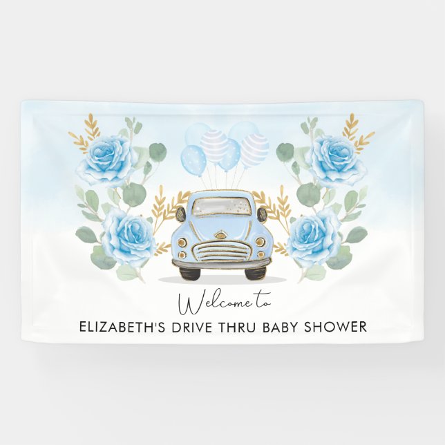 Blue Gold Floral Drive Thru Baby Shower Welcome Banner (Horizontal)