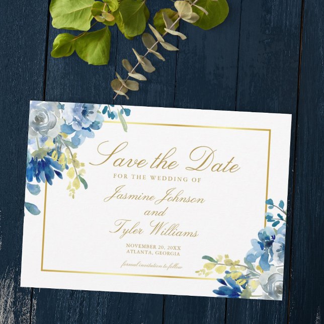 Blue Gold Floral Elegant Evening Save The Date (Creator Uploaded)