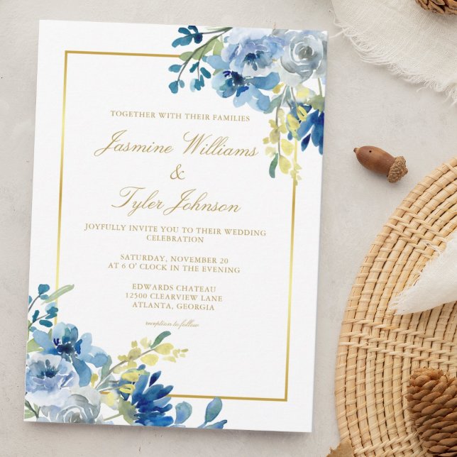 Blue Gold Floral Elegant Evening Winter Wedding Invitation (Creator Uploaded)