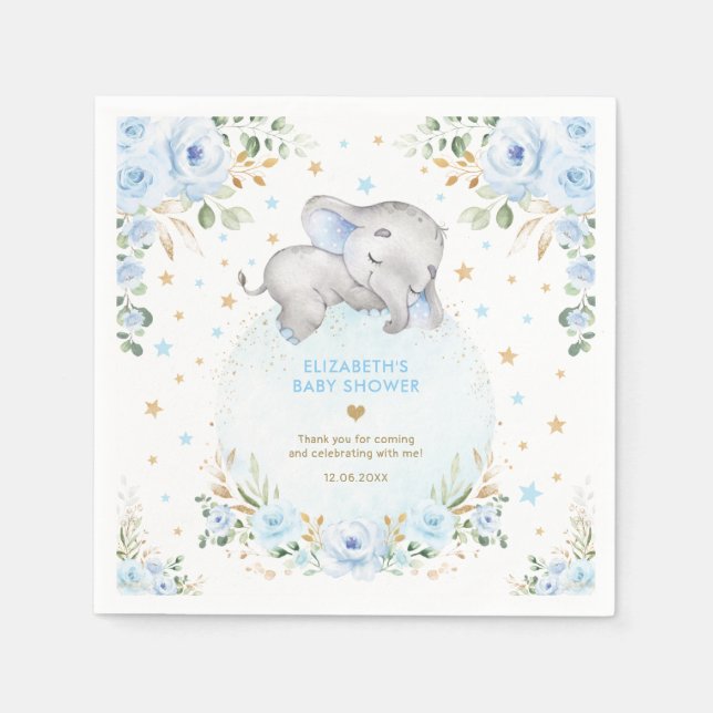 Blue Gold Floral Elephant Baby Boy Shower Favours Napkin (Front)