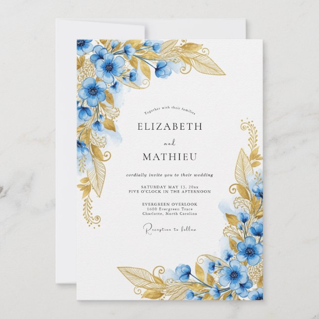 Blue Gold Floral Enchanted Wedding Invitation (Front)