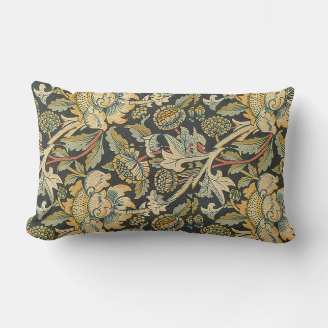 Blue Gold Floral Fabric Lumbar Cushion (Front)
