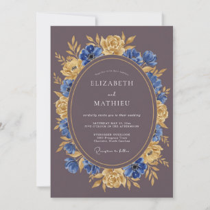 Blue Gold Floral Flourish Wedding Invitation