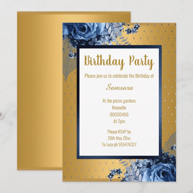 BLUE GOLD FLORAL FULL PRINT ALL OCCASION BIRTHDAY INVITATION (Front/Back)