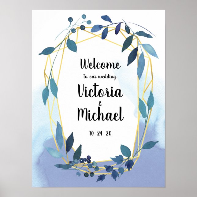 Blue Gold Floral Geometric Reception Wedding Sign (Front)