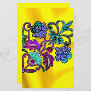 BLUE GOLD FLORAL LACE,FLOWERS, COLORFUL GEMSTONES STATIONERY