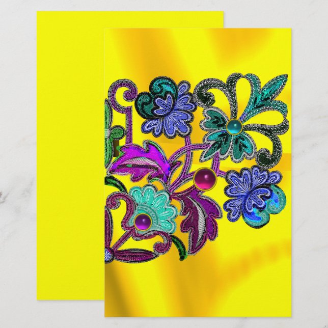 BLUE GOLD FLORAL LACE,FLOWERS, COLORFUL GEMSTONES STATIONERY (Front/Back)