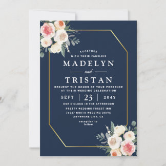 Blue Gold floral Minimalist Photo Wedding Invitation