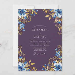 Blue Gold Floral Romance Wedding Invitation