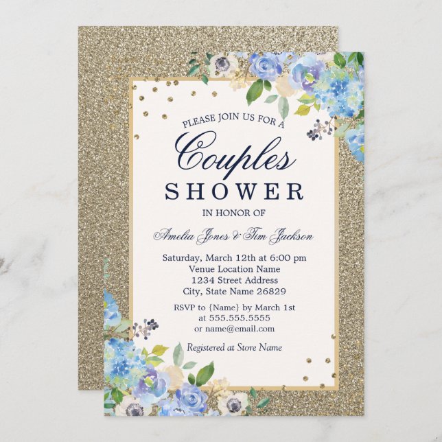 Blue Gold floral Sparkle Couples Shower Invitation (Front/Back)