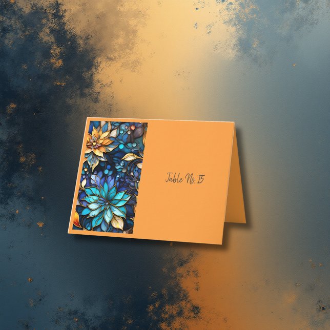 Blue Gold Floral Stained Glass Elegant table card (Creator Uploaded)