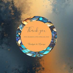 Blue & Gold Floral Stained Glass Elegant wedding Classic Round Sticker