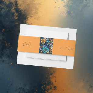 Blue & Gold Floral Stained Glass Elegant wedding Invitation Belly Band