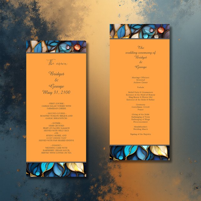Blue & Gold Floral Stained Glass Elegant wedding Programme (Creator Uploaded)