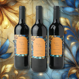 Blue & Gold Floral Stained Glass Elegant wedding Wine Label