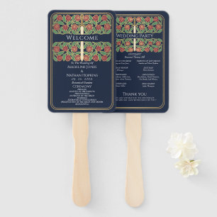 Blue Gold Floral Sword Royal Wedding Program Hand Fan