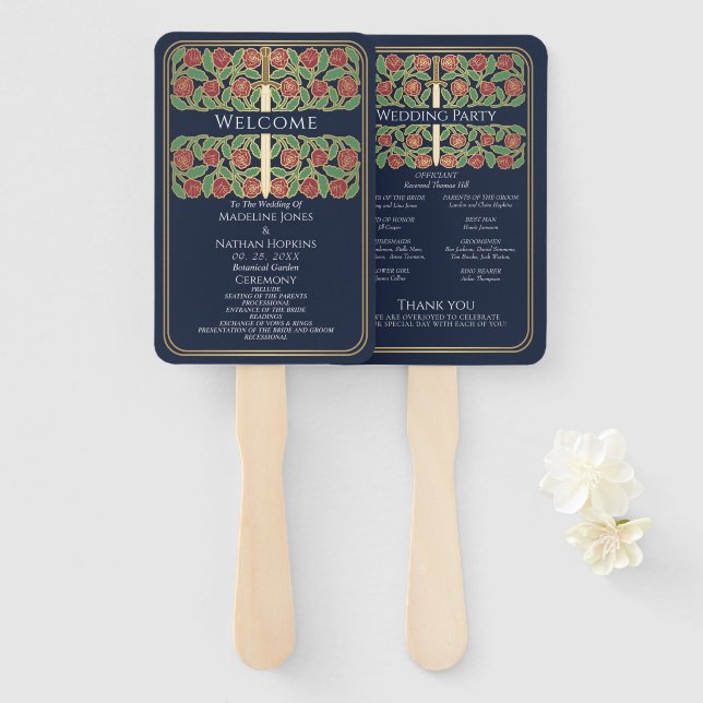 Blue Gold Floral Sword Royal Wedding Program Hand Fan (Front and Back)