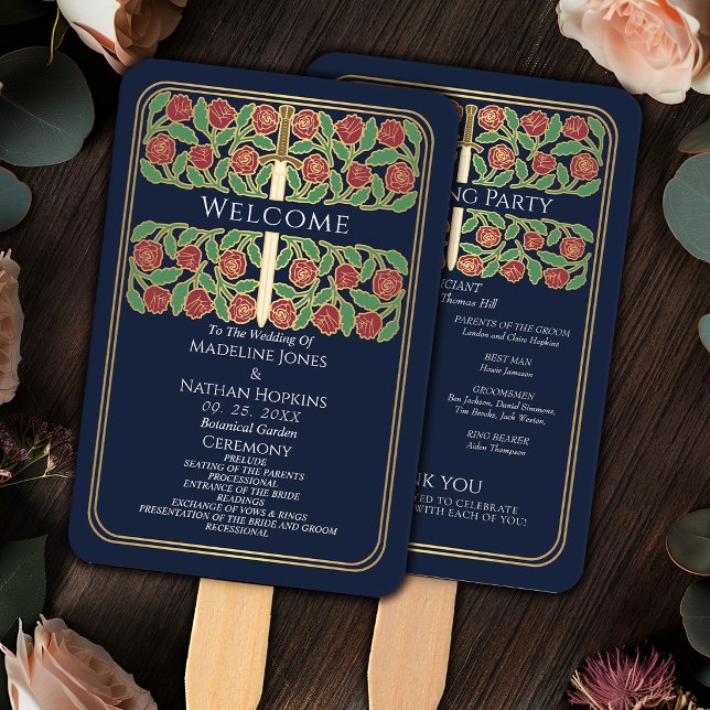 Blue Gold Floral Sword Royal Wedding Program Hand Fan (Creator Uploaded)